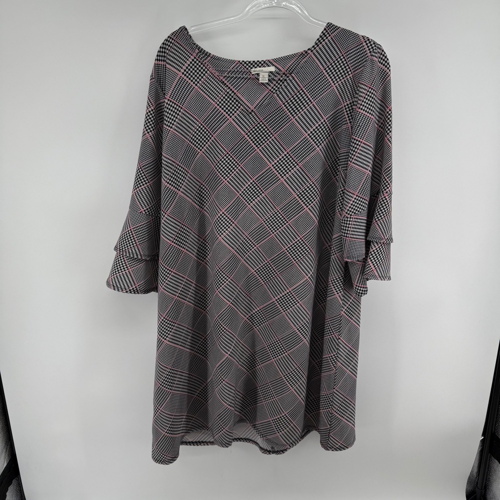 EST 1946 Plaid Print Bell Sleeve Dress XL Black Pink White Casual